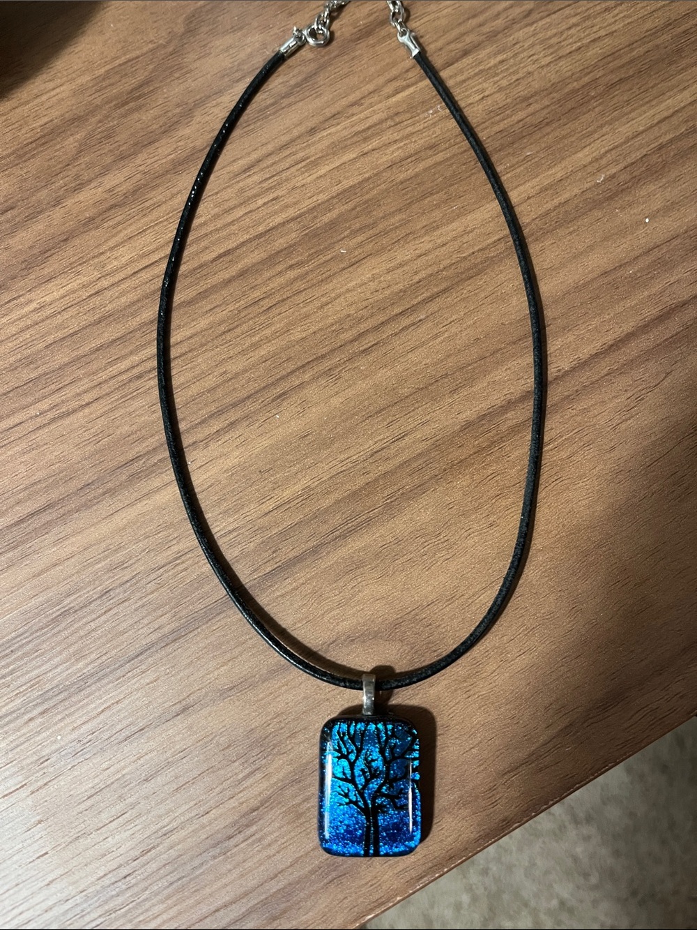 Blue Dichroic Glass Tree Necklace with Black Leather Cord
